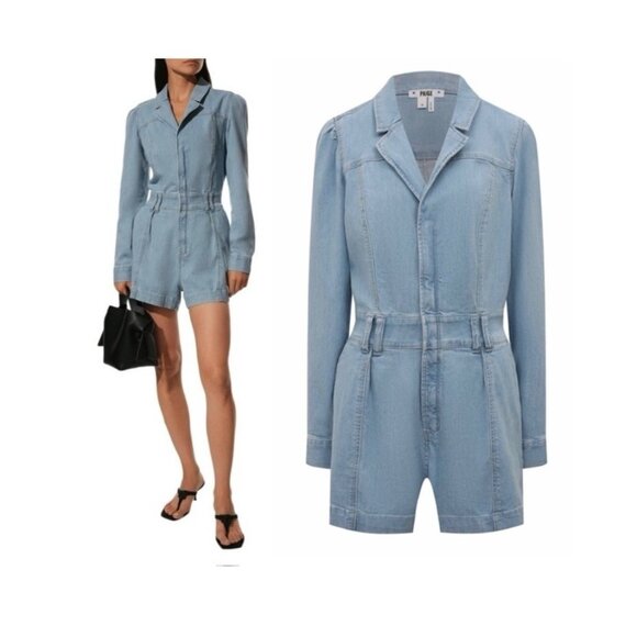 PAIGE Women's Meg Long Sleeve Romper Songbird NWT Denim Jumpsuit Shorts 2 A1 - Picture 4 of 15